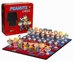 Peanuts Chess set in a tin box, including Charlie Brown, Lucy, Linus, Woodstock, Sally, Snoopy as joe cool.