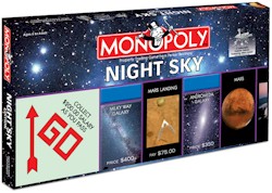 Night Sky Monopoly game featuring Mars Sprit rover, meade telescope, hubble space telescope