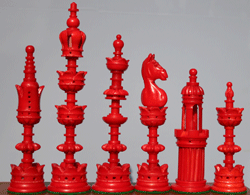 The Lamp hand carved camel bone chess set in traditional red bone.