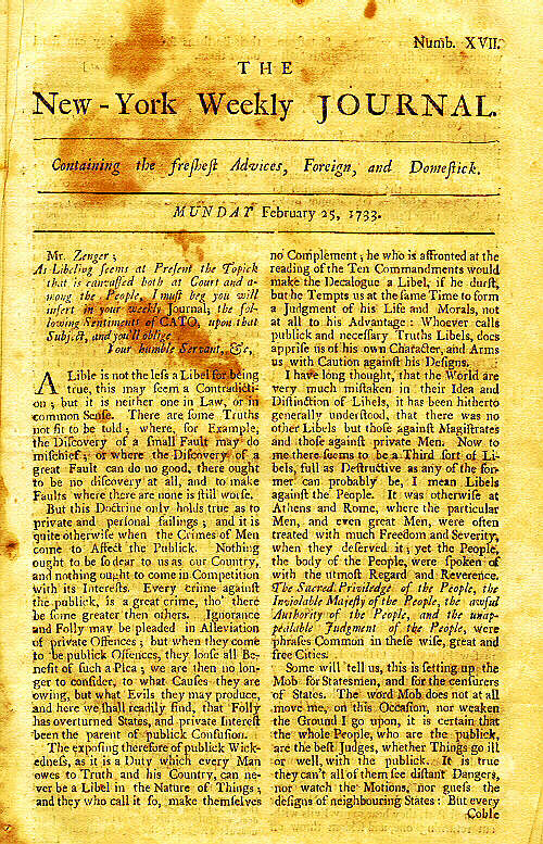 Page one of the New York Weekly Journal, published by John Peter Zenger, who was accused of libel