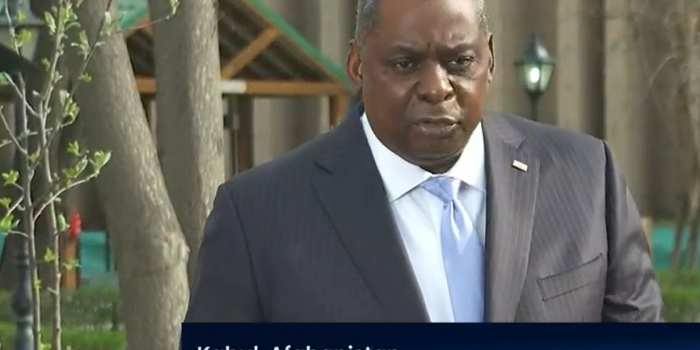 Defense Secretary Lloyd Austin speaks to reporters on a surprise trip to Afghanistan on Sunday, March 20, 2021. (Photo: Screen capture)